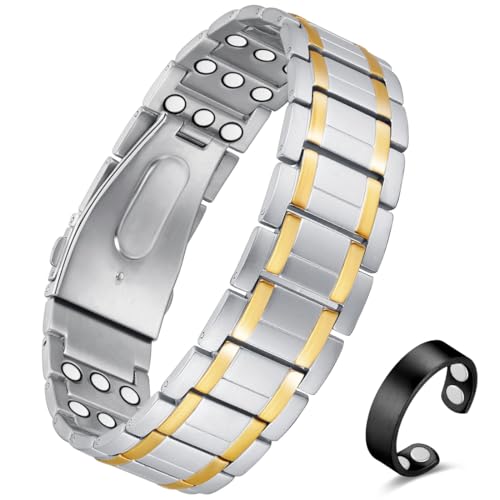 Vicmag 3X Magnetic Bracelet for Men Pure Titanium Bracelet 3500 Gauss Ultra Strength Magnets Adjustable Wristband with Adjustment Tool & Gift Box (Pure Titanium Silver Gold)